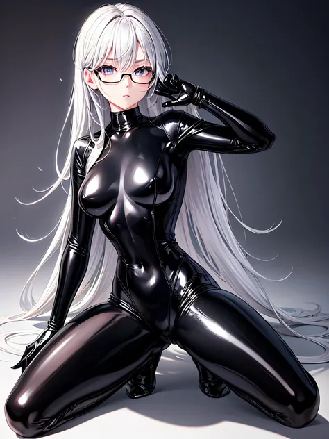 5 8K UHD、Silver-haired and small-nosed beauty in a black shiny black full-body rider suit wearing glasses sits with her crotch open、Wearing a shiny black latex slider suit with hidden skin、Shiny black latex slider suit、Beautiful-headed woman sitting expres...