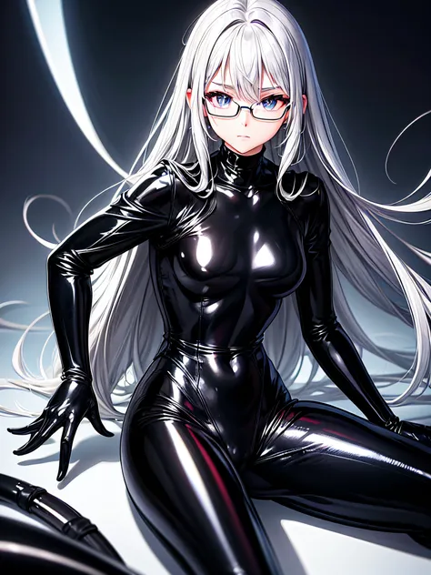 5 8K UHD、Beauty with small nose with silver hair in black shiny black full body rider suit wearing glasses sits with crotch open、Wearing a shiny black latex slider suit with hidden skin、Shiny black latex slider suit、Beautifuls with small noses sitting expr...