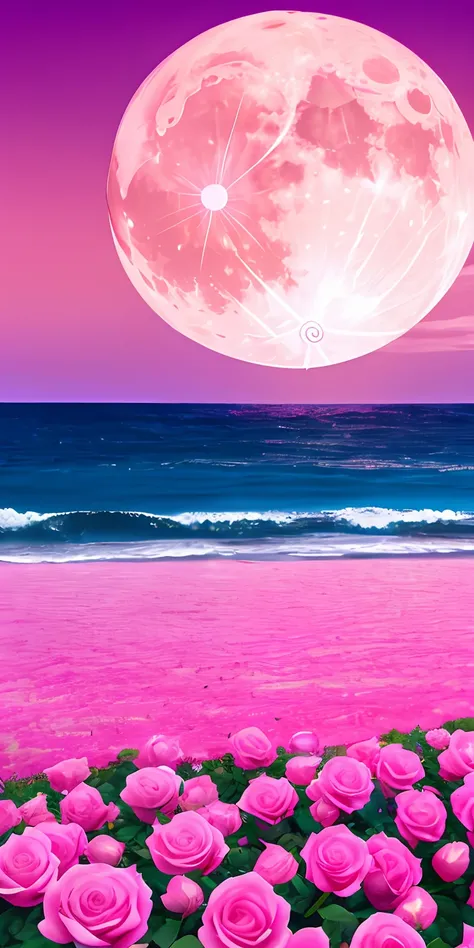 Pink moon, pink sky, soft pink clouds, pink ocean waves shimmering, sparkling, pink roses on pink ocean, fantasy, diamond, crown, universe, soft light,