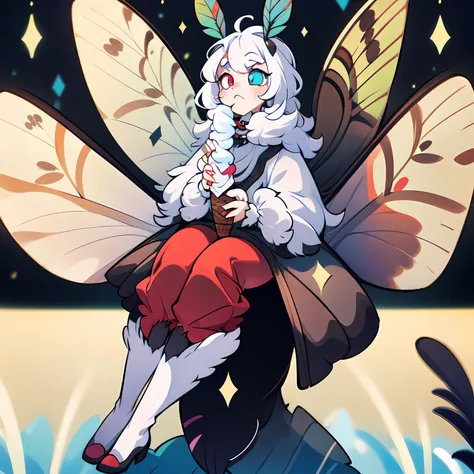 cute anthro moth, female, heterochromia, with gray moth wings,moth antennae, neck fur, fur collar, moth wings, multiple wings, f...