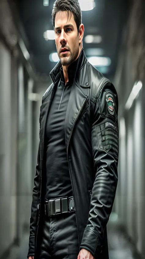 Chris Redfield if he was played by Tom Cruise in live action, wearing black long sleeves, black coat, tall and hunk, best quality, masterpiece, high resolution, soft lighting, dark gloomy hallway in the background, detailed face, super realistic, center fo...