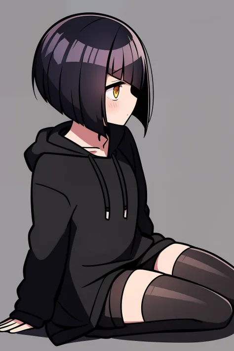 girl, short hair, black hair, sitting, casual outfit, black hoodie, oversized hoodie, black thigh-highs, small chest, golden eyes, from side