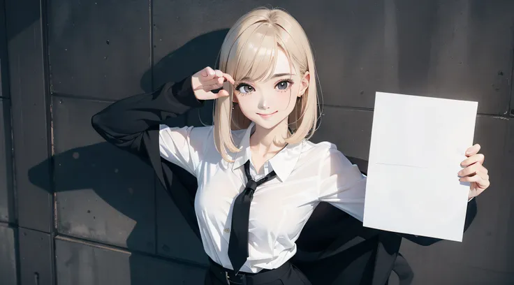 a woman,(solo:1.5) smile, medium breast, dynamic pose, model pose, white blouse, black pencil skirt,Holding_Sign