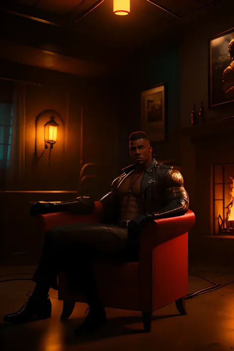 Muscular black man gangster sitting in a chair wire fire lamps and three of his bodyguards in the background, photorealistic image, 8k, ultra HD, unreal engine rendered, cinematic lighting, artgerm style,