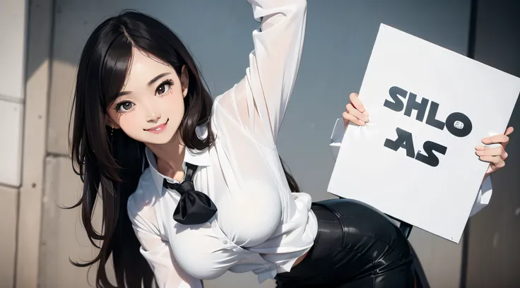 a woman,(solo:1.5) smile, medium breast, dynamic pose, model pose, white blouse, black pencil skirt,holding_sign, large signboar...