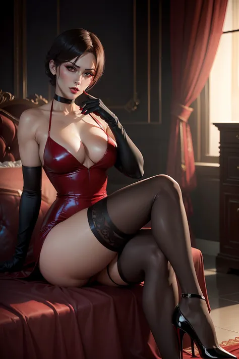 resident evil sexy ada wong, dress, seductive, stockings, high heels, stilletoes, long gloves, choker, makeup, lipstick, full body shot, palace bedroom background