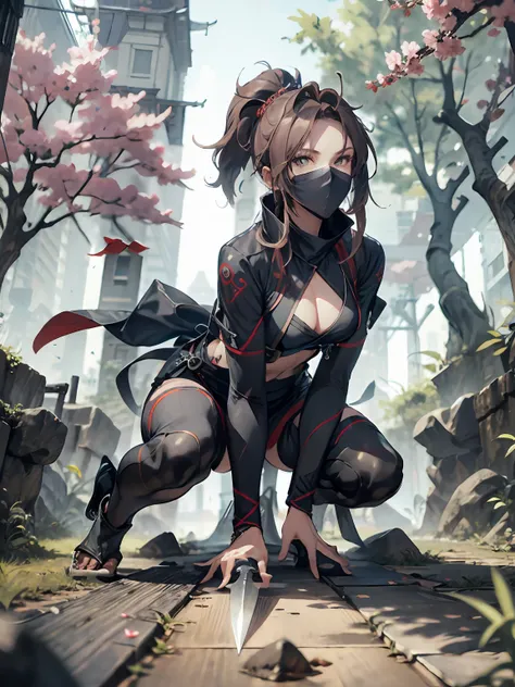 , close shot, girl focus,random pose,a female ninja on her way to her enemy,sexy full body, ponytail hair, skull drawing mask,se...