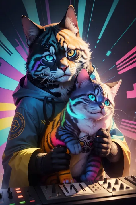 Explore the unique energy and laid-back attitude of a DJ cat in this detailed and vibrant image. With its lush coat adorned by vibrant colors and psychedelic patterns, This primate radiates freedom of expression and a deep search for connection with nature...