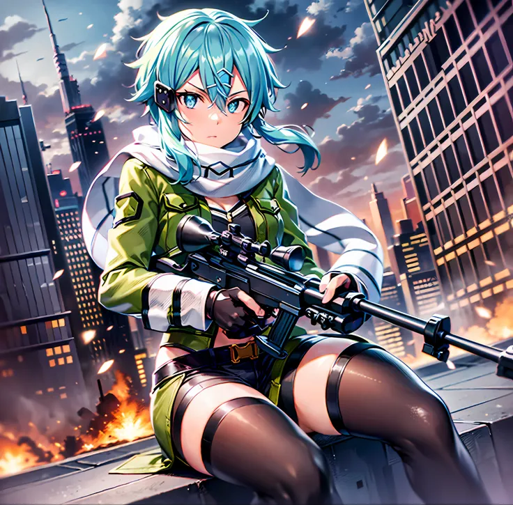 masterpiece, best quality, highres, 1girl, sinon1, scarf, fingerless gloves, long sleeves, short black shorts, hair ornament, hairclip, green thighhighs, green jacket, thigh strap, cowboy shot, holding weapon, sniper rifle, ruins, sitting, (sword art onlin...