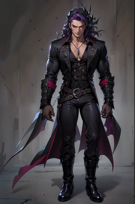 Handsome male. Dark silky purple hair, amber eyes, lean and muscular build, with a sharp jawline and a devilish smile. Im dressed in fine black clothes and have a silver stake tucked in my sleeve. Vampire. Bara. Bulge in pants. Black boots. Piercings. Wavy...