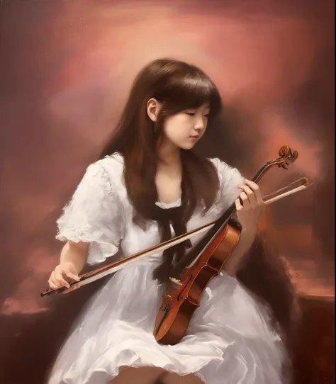 "Girl in white dress playing violin, Inspired by Han Yonghaos oil paintings, makoto oil painting, musician, Created by Yang J, Author: Kim Hwan-ki, Drawn by Ni Yuanlu, Oil on canvas by a Korean artist, Fine art oil painting, Detailed oil brush strokes"