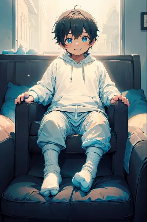 masterpiece, chubby little boy with dark cyan hair and shiny gold colored eyes and small socks wearing a hoodie, and oversized s...