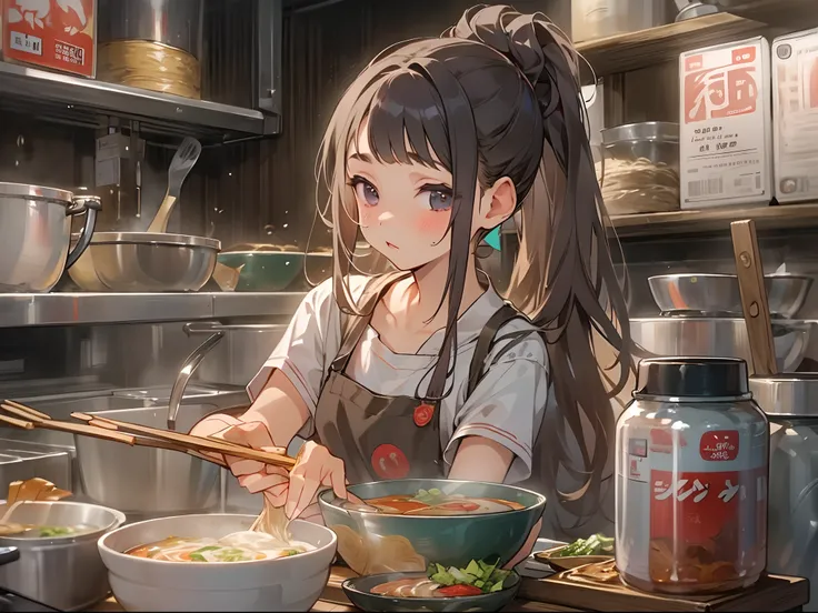 In a stylish store、Teenage girl who works part-time at a popular ramen shop is cooking ramen in the kitchen。Her youth and passion、It overflows in the store with the aroma of food。