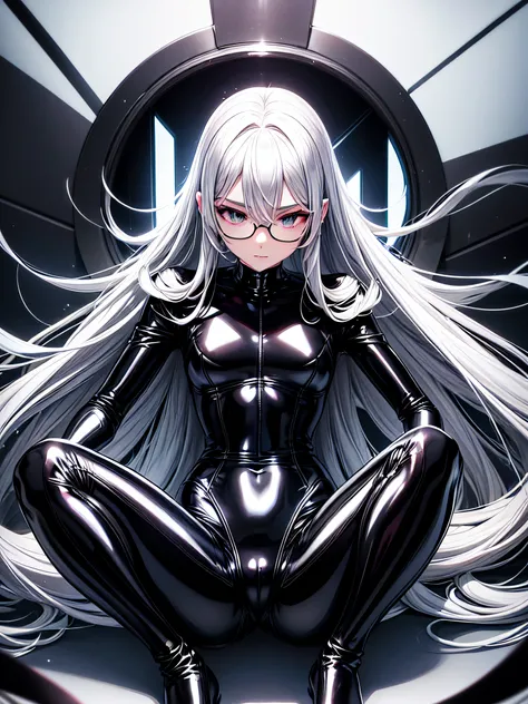 5 8K UHD、Beauty with small nose with silver hair in black shiny black full body rider suit wearing glasses sits with crotch open、Wearing a shiny black latex slider suit with hidden skin、Shiny black latex slider suit、Beautifuls with small noses sitting expr...