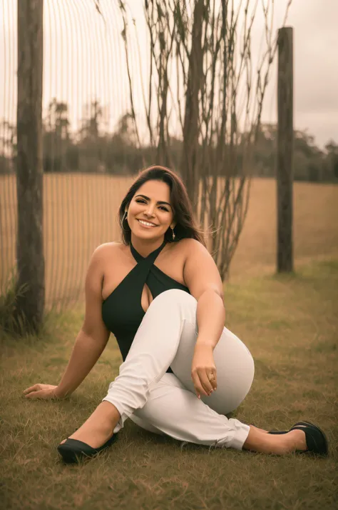 mulher sorridente sentada na grama em frente a uma cerca, Lorena Avarez, Malika Favre, fernanda suarez, Karla Ortiz, Marischa Becker, Caroline Gariba, julia fuentes, Alanis Guillen, andrea rocha, imagem retrato, by Amelia Peláez, Magda Torres Gurza, Direct...