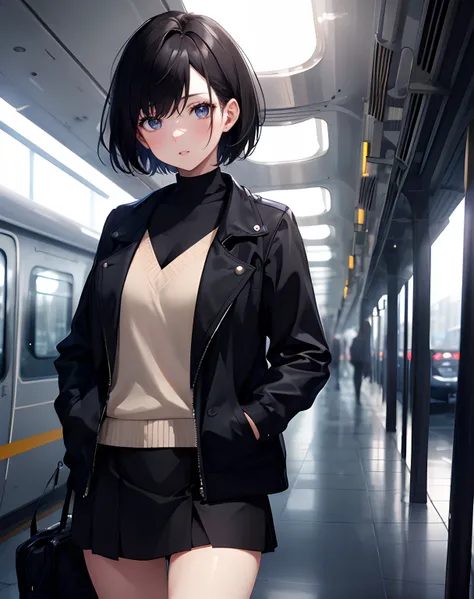 (Obra maestra, La mejor calidad, ultrahigh resolution),1girl,pelo corto, cabello negro, chaqueta, Falda mediana, Manos en los bolsillos , Cara hermosa y detallada, ojos detallados,at a train station,ojos ultra detallados