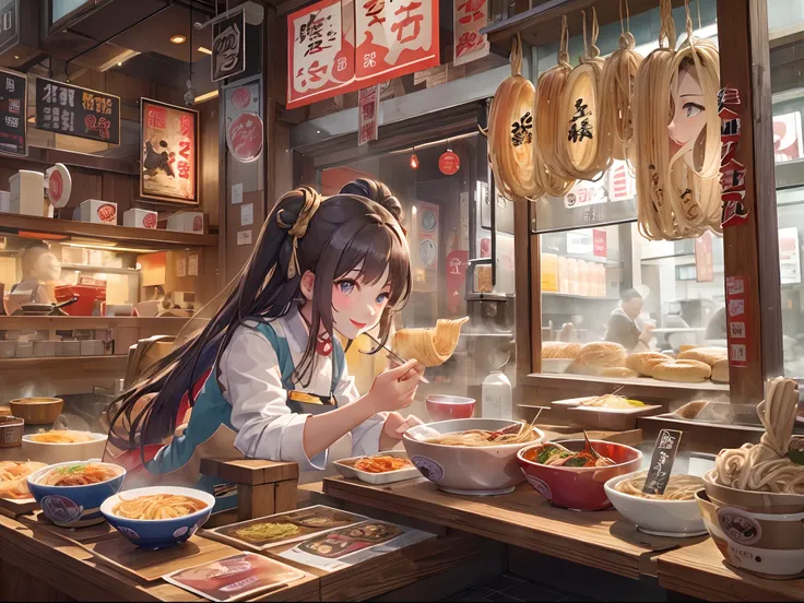 The ramen shop is very prosperous.、Visited by many customers、I enjoy delicious ramen and a fashionable atmosphere.。Signboard girl girl too、Greet customers with a smile、Contributes to the success of the store、An ultra-high picture quality、hight resolution