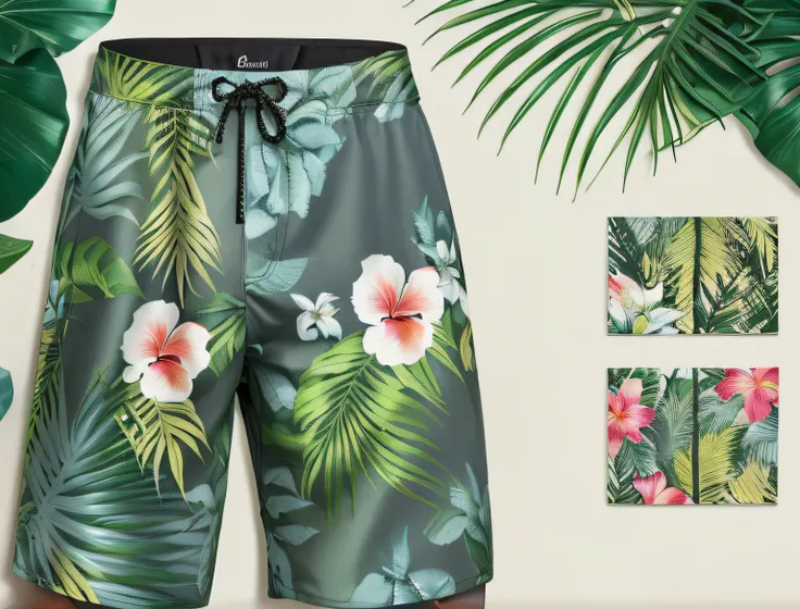 A closeup of a man wearing a green and pink Hawaiian print swimsuit, estilo tropical, elegantes estampas tropicais, floral, Detalhes florais, motivos florais, flores tropicais, Detalhes altamente fotorrealistas, Directed by: Galeno Dara, vibe tropical, gra...