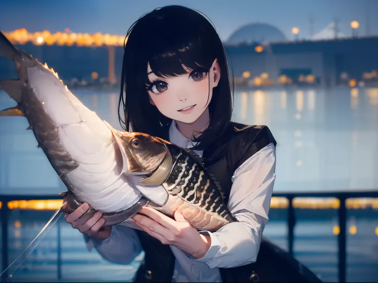 ((((Catch a big black bass by the lakeside:1.5)))),((1 Female 22 years old))((Best Quality, masterpiece :1.5)),(((Hands with the correct number and structure of fingers:1.4))),hight resolution,ultra-detailliert,​masterpiece,best qualtiy,,Black hair, long e...