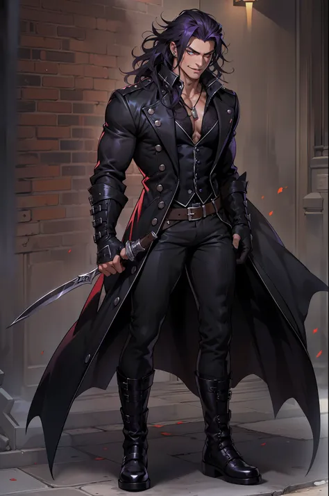 Handsome male. Dark silky purple hair, amber eyes, lean and muscular build, with a sharp jawline and a devilish smile. Im dressed in fine black clothes and have a silver stake tucked in my sleeve. Vampire. Bara. Bulge in pants. Black boots. Piercings. Wavy...