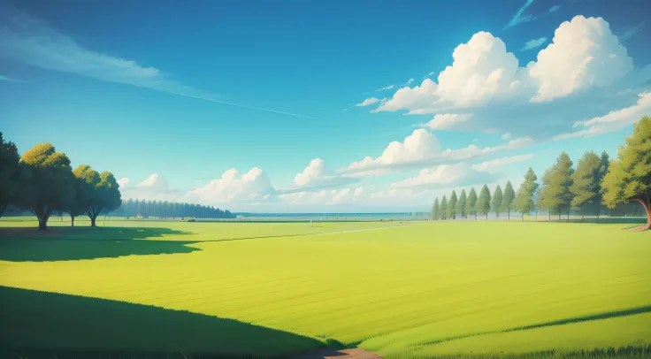 Cartoon scenery with green grass to the horizon and crossing a blue sky.