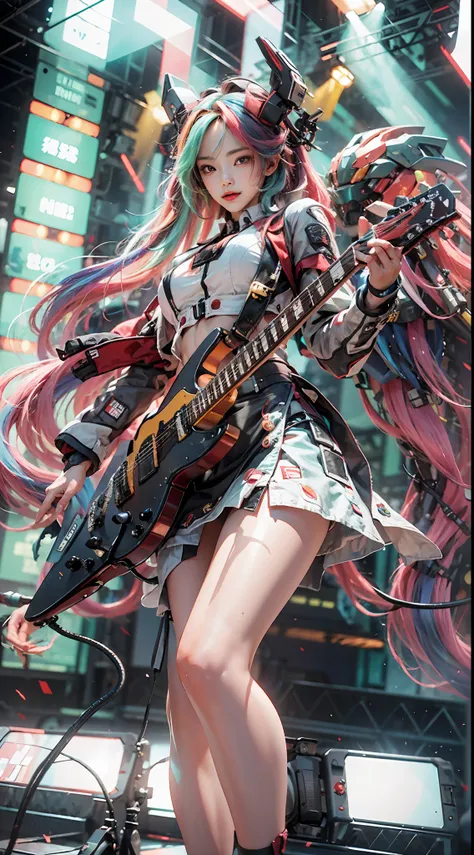 goji,idoly，1girll, long colored hair, wear sexy miniskirt outfits, hold the red microphone，an electric guitar hangs from his che...