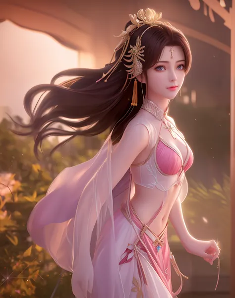 best qualtiy， tmasterpiece， A high resolution，（（（ 1girl）））， battleground background，Pink ancient Chinese transparent bikini， Cloak，Gauze clothes，metalcollar，hair adornments， choker necklace， jewely， beautiful  face， small heads，upon_body， Tyndall effect， r...