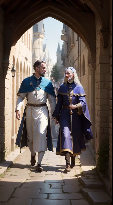 A priest and a Levite walk together beside a sidewalk, antiguidade, Medieval times, Very high detail, 8k