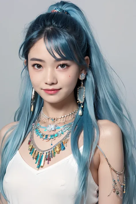 (extra detailed body、extra detailed face、best qualtiy:1.2)、femele、looking at the viewers、(lightblue hair、Flashy clothes、12year old、a smile、Feather piercings down to below the shoulders、hippy、hair adornments、Fancy Necklaces、bell-bottoms)、(woodstock:1.4)