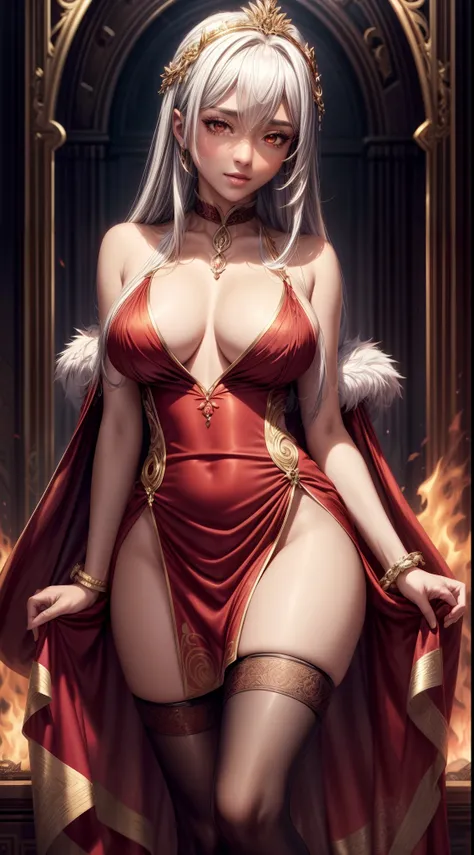 silver goddess in flame-red grand lush cloth dress with golden lines accents, satin, fur, (stockings), decollete, natural breasts, slim body, dark skin, zettai ryouiki, medium length hair, beautiful detailed bright white eyes, portrait, most realistic, hig...