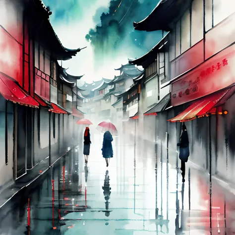 there are two people walking down the street holding umbrellas, Chinese watercolor style, A beautiful artwork illustration, japan watercolour, watercolor digital painting, dreamy Chinese towns, landscape artwork, digital watercolor painting, Modern Europea...