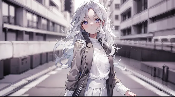 1girl, photoshoot girl at city, wear stylish and soft outfit, with a warm expression on her face, full body photoshoot, wavy hair, outfit color dominant black and white, white hair, gray eye