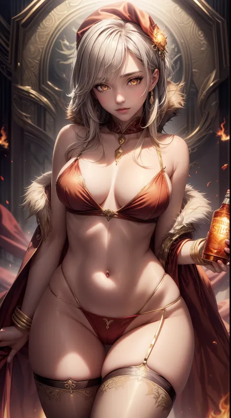 silver goddess in flame-red cloth with golden lines accents, fireball, satin, fur, (stockings), decollete, natural breasts, slim body, (((colorless skin))), zettai ryouiki, medium length hair, ((bright golden eyes)) beautiful detailed eyes, portrait, most ...