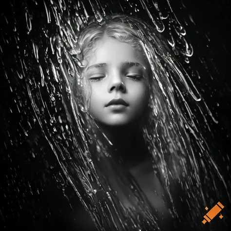 Arafed image of a girl with wet head, Retrato chovendo, Foto premiada da chuva, dripping with water, black and white artistic photo, Directed by: Eugeniusz Zak, gotas de chuva no rosto, derretimento e gotejamento. estranho, water manipulation photoshop, co...