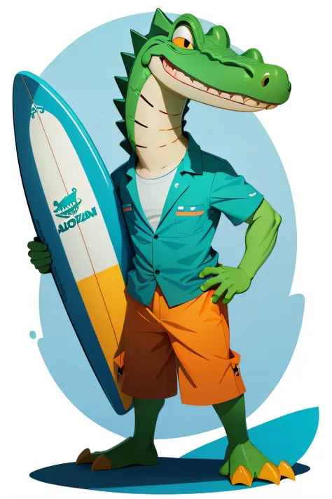 cartoon of an alligator dressed in hawaiian shirt standing and holding a surfboard, vector design, isolated on a white background