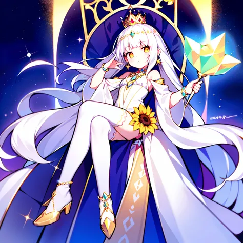 Girl, personality, charm, cute，sunflower earrings，long silky white hair, bright yellow eyes，sitting on a throne, head wearing ruby ​​and diamond crown, flat bangs，outdoors， the space in the palace sparkled, with the surrounding crystal pillars，The small mo...