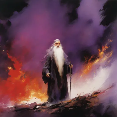 dufkova,  2d, lineart,
1 old wizard with long grey beard casting magic, firestorm, fire hydras, fantasy, high contrast, ink strokes, explosions, over exposure, purple and red tone impression , abstract, ((watercolor painting by John Berkey and Jeremy Mann ...