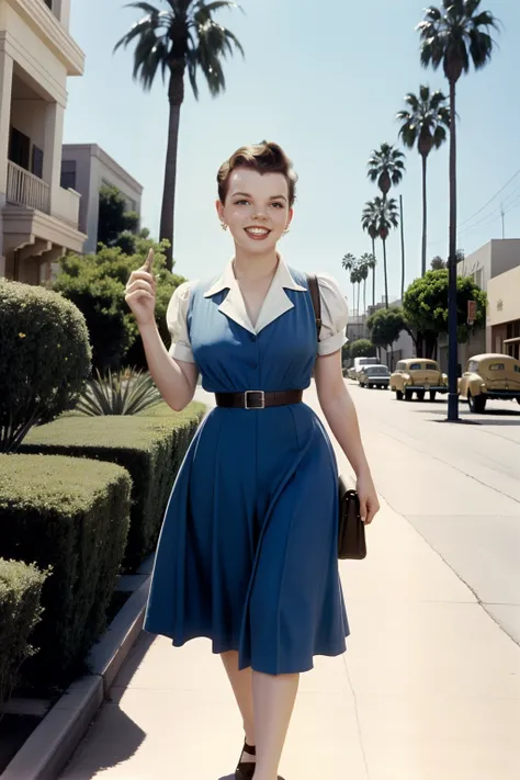 Judy Garland at age 22 in 1944, very happy and beautiful, walking the streets of Los Angeles on a summer day, in full color.