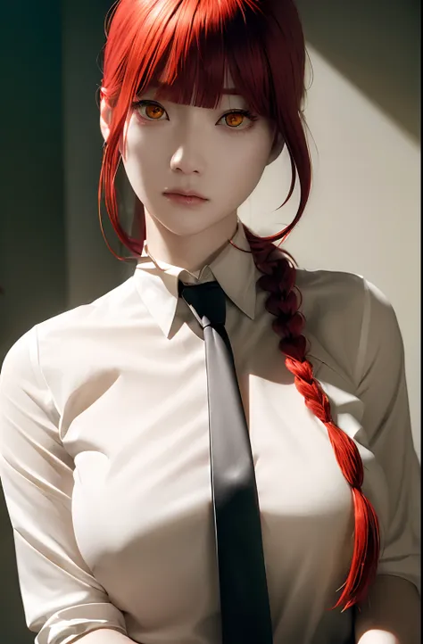 masterpiece, (photorealistic:1.4), best quality, beautiful lighting,
(ulzzang-6500:0.5), makima (chainsaw man), (red hair)+(long braided hair)+(bangs), yellow eyes, golden eyes, ((ringed eyes)), (white shirt), (necktie),
RAW photo, 8k uhd, film grain