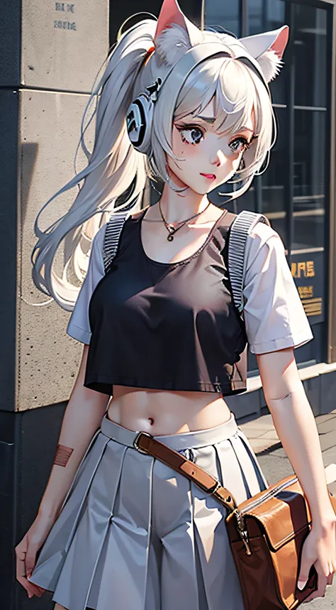 A girl, (adult female: 1.21), white short sleeves, with a white helmet, (collarbone: 1.1), (white vest: 1.11), (belly button), (white long hair: 1.1), ponytail, black eyes, Pleated skirts, skirts, busts, dove circles, carrier pigeons, cat helmets, Band-Aid...