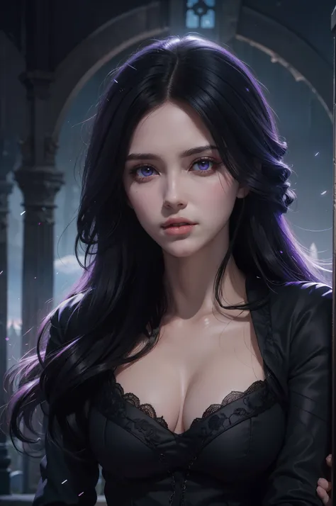 Beautiful woman reminiscent of Yennefer from The Witcher with long black hair and violet eyes bright as constellations, obra prima, ultra qualidade, 8k, cabelos caindo sobre seus ombros, in the background a cemetery, Shes wearing a black suit and tie...