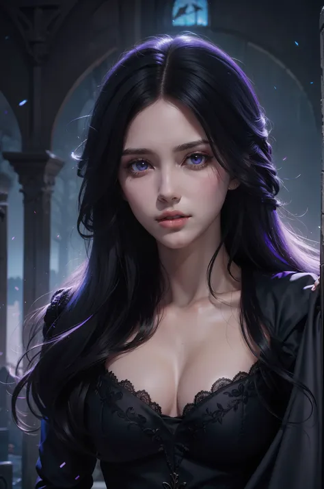 Beautiful woman reminiscent of Yennefer from The Witcher with long black hair and violet eyes bright as constellations, obra prima, ultra qualidade, 8k, cabelos caindo sobre seus ombros, in the background a cemetery, Shes wearing a black suit and tie...