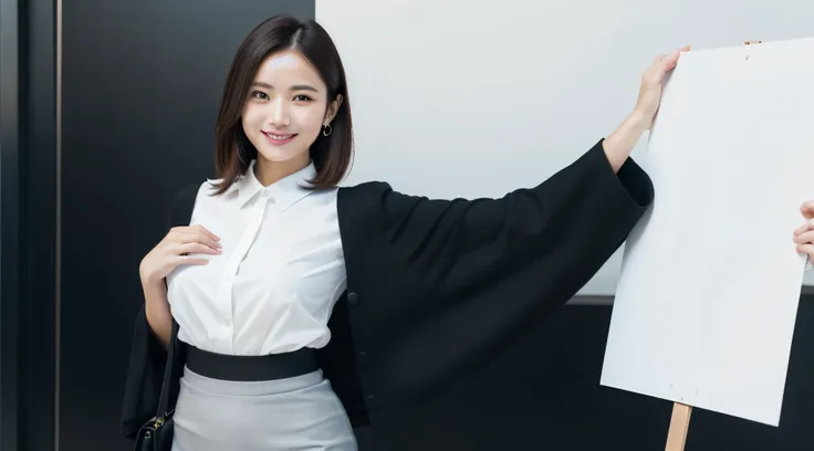 a woman,(solo:1.5) smile, medium breast, dynamic pose, model pose, white blouse, black pencil skirt,holding_sign, large signboar...