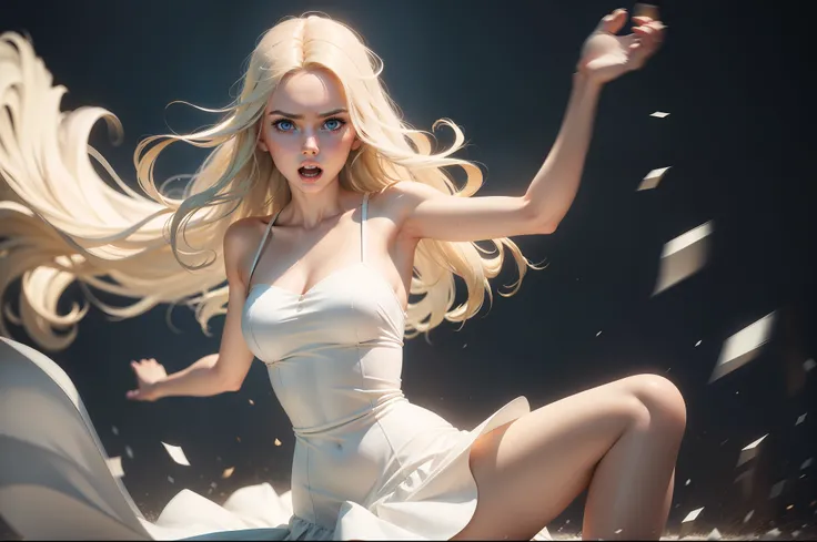 Very realistic and detailed 8k image of a 22 year old woman, slim body, pretty, blonde, wearing a white dress from the 60s, surprised expression, falling down