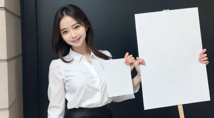 a woman,(solo:1.5) smile, medium breast, dynamic pose, model pose, white blouse, black pencil skirt,holding_sign, large signboar...