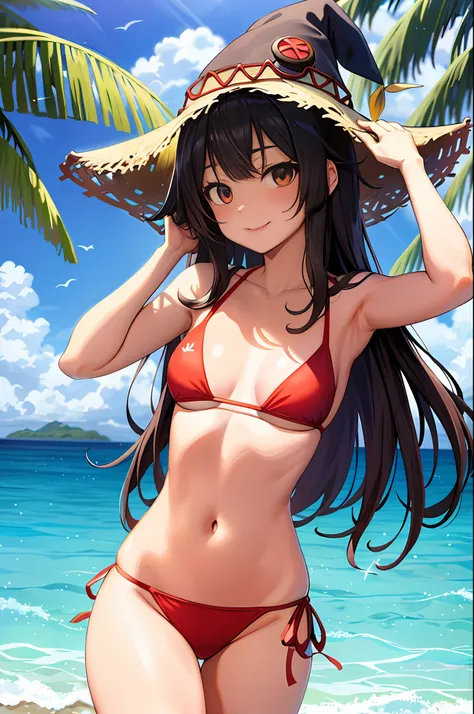 bonito, obra-prima, melhor qualidade, hiqcgbody, anime, sereia, Megumin_konosuba, corpo magro, red shell bikini, solo, mar, recife de coral, deep underwater, peixes tropicais, sereia, cabelo castanho curto, olhos vermelhos, franja do meio parteda, foto ret...