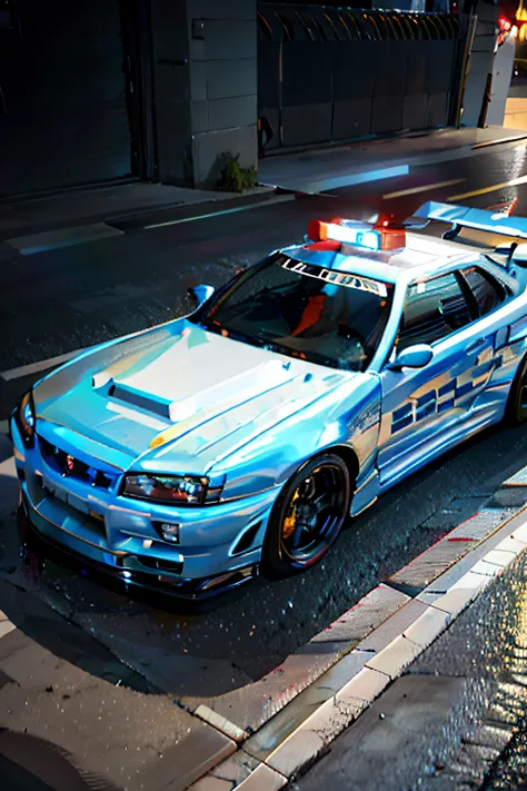 police car with lights while driving down a street, em um nissan skyline r34 modificado, nissan gtr r 3 4, kodakchrome : : 8 mil...