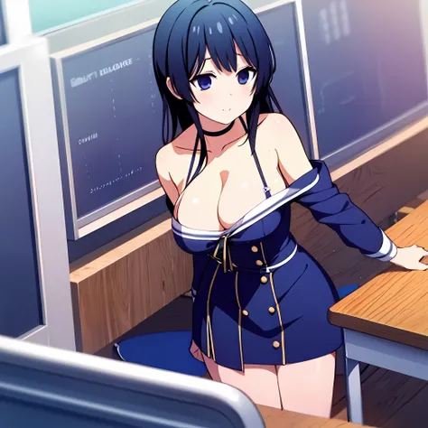 Focus on breast, Rinko shirokane, cleavage, soft smile, classroom,