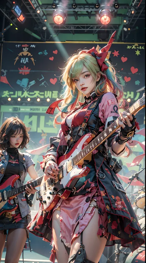 Goji,idoly，1girll, Long colored hair, Wear sexy miniskirt outfits, Hold the red microphone，An electric guitar hangs from his chest，Stand in front of the half-body Gundam mech and sing, Colorful spotlights，Spotlights，Stage，ssmile，Active off-stage audience，C...