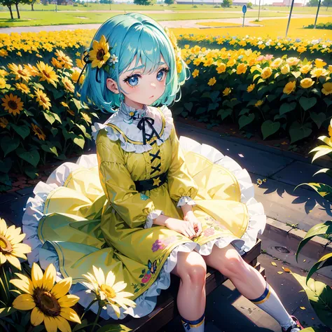 Little girl with pastel hair sitting in flower garden、sharp eyebrows、big eye、Dark eyelashes、Yellow-based makeup、Wearing a dress、Pastel flower garden background（colourfull:1.1）、（Supreme details）、（Highest image quality 8K）